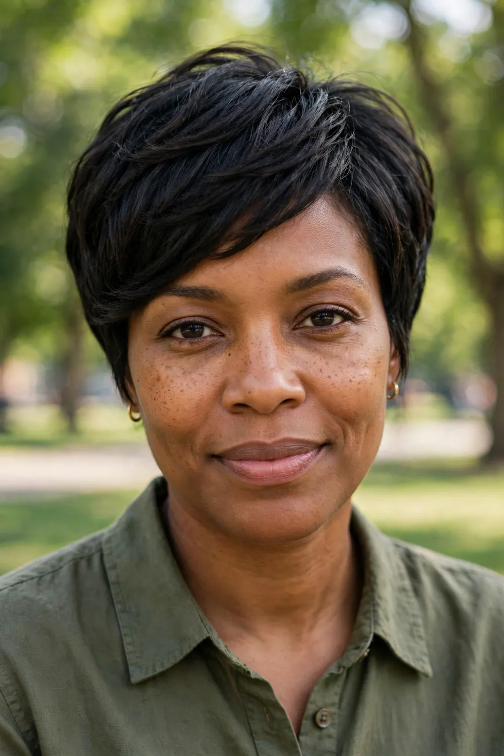 Woman with an oval face wearing a layered pixie cut