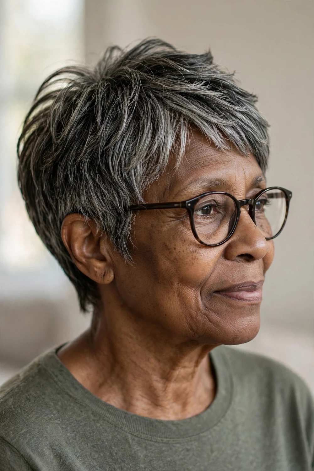 Layered pixie cut on a woman over 60 wearing glasses