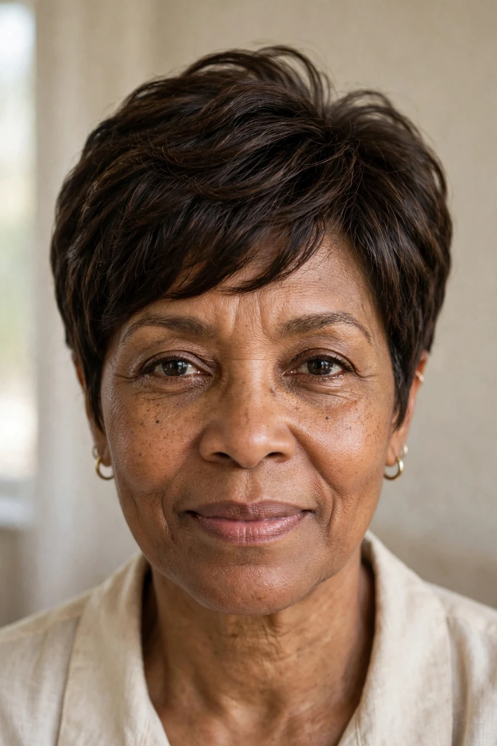 Front view of a layered pixie with long crown layers on a woman in her 50s with thin dark brown hair