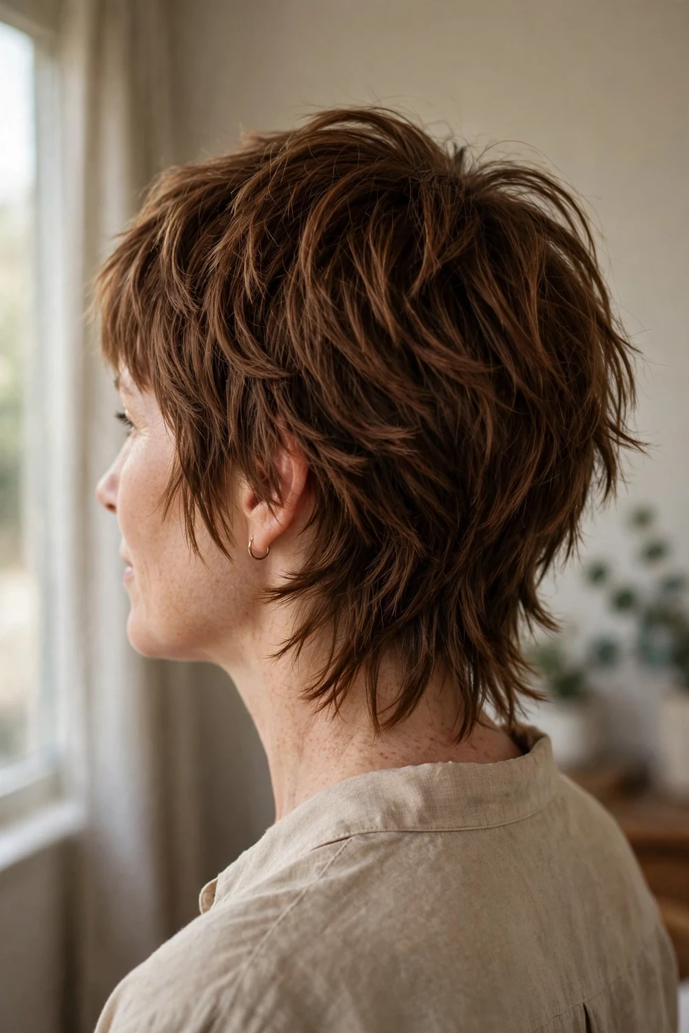 Shaggy choppy pixie with longer layered nape in a 70s-inspired style