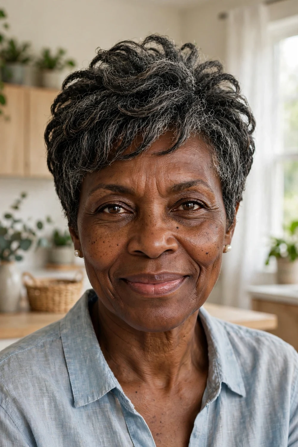Older Black woman with a layered pixie with volume on top