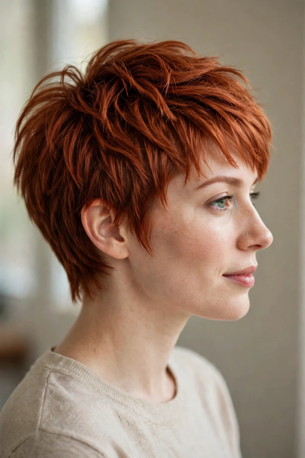 Layered pixie with soft feathered layers throughout