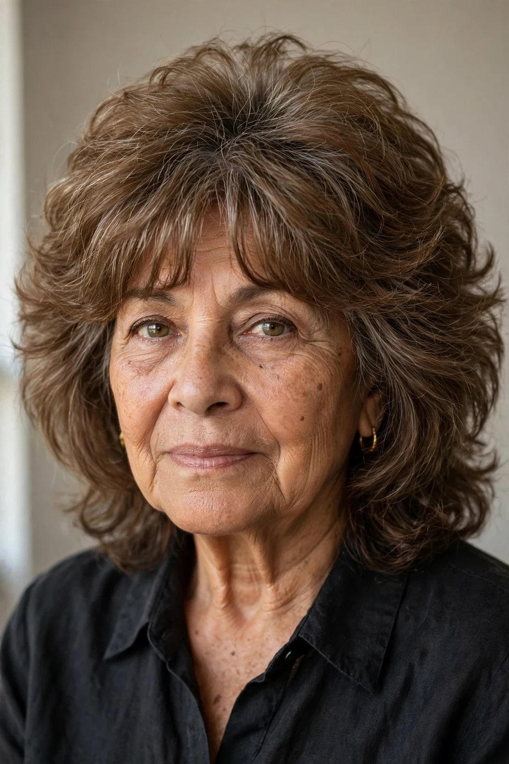 Woman in her early 70s with layered shag and curtain bangs, three-quarter view