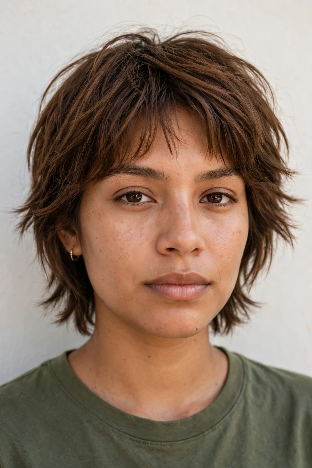 Woman with a layered shag on straight hair, choppy layers around the crown and face