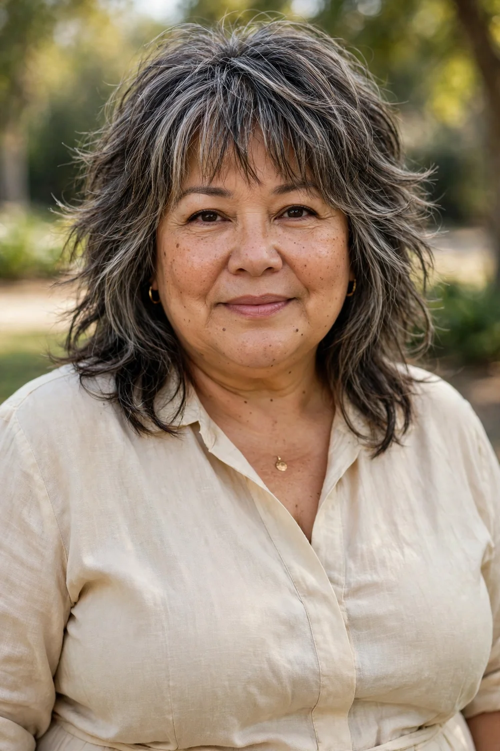 Plus-size woman in her early 50s with a layered shag and wispy fringe, salt-and-pepper hair