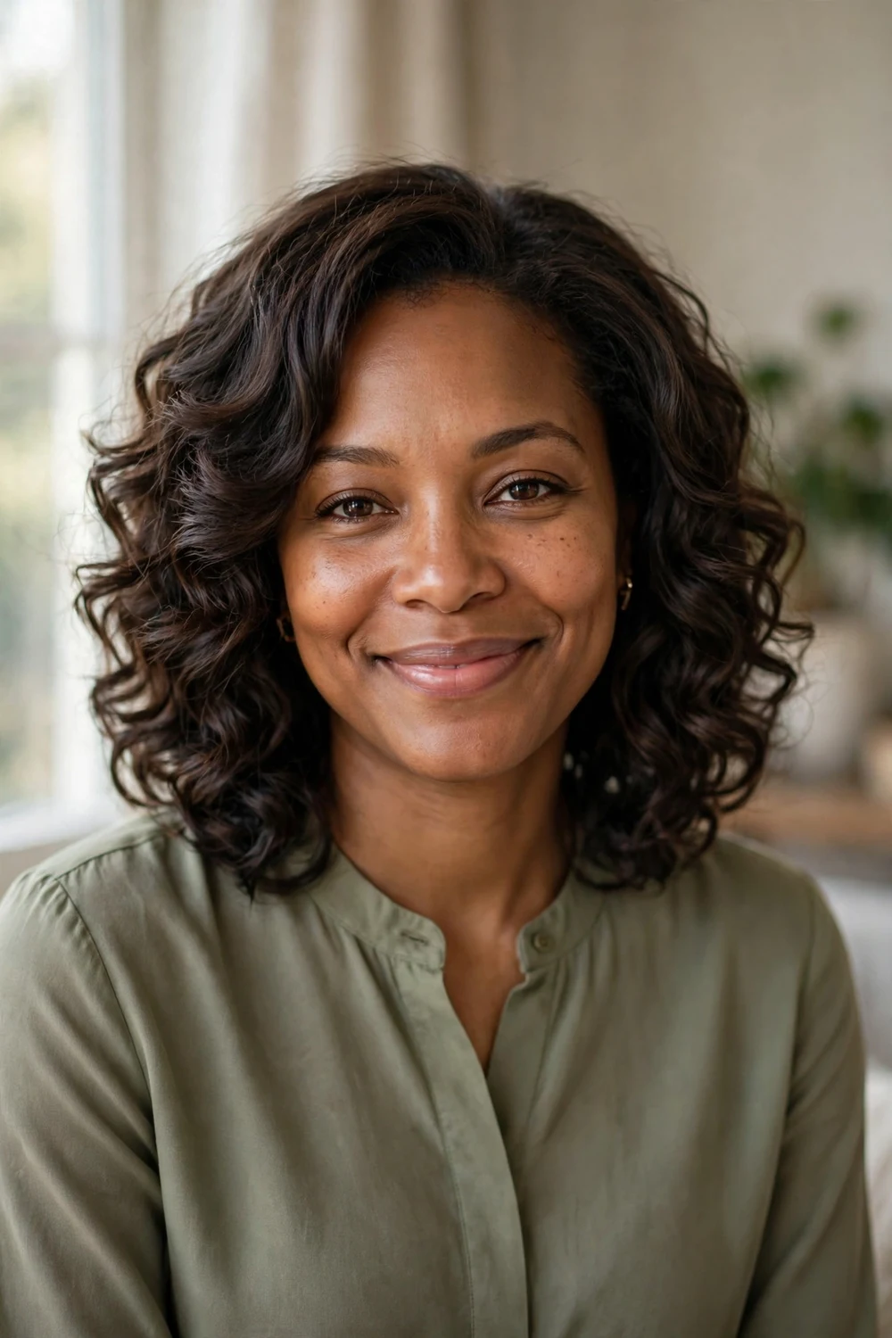 Black woman with a layered shoulder-length haircut worn in defined curls