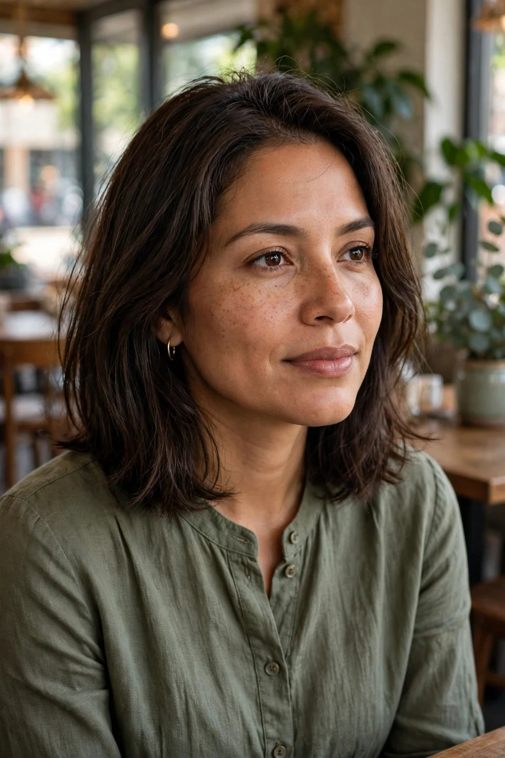 Woman with a layered shoulder-length haircut for thin hair