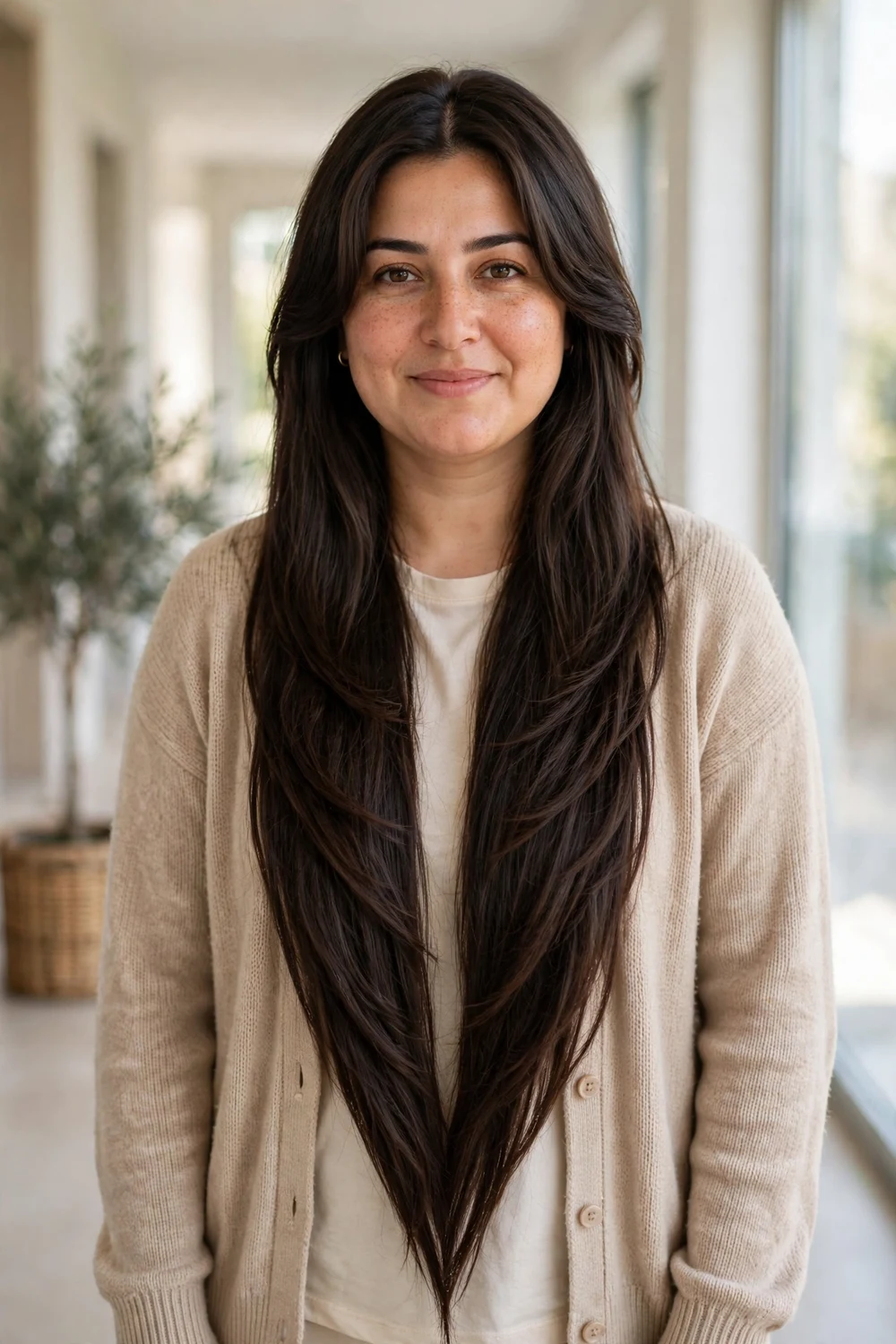 Woman with a round face and long dark-brown hair in a layered V-shape cut tapering to a point