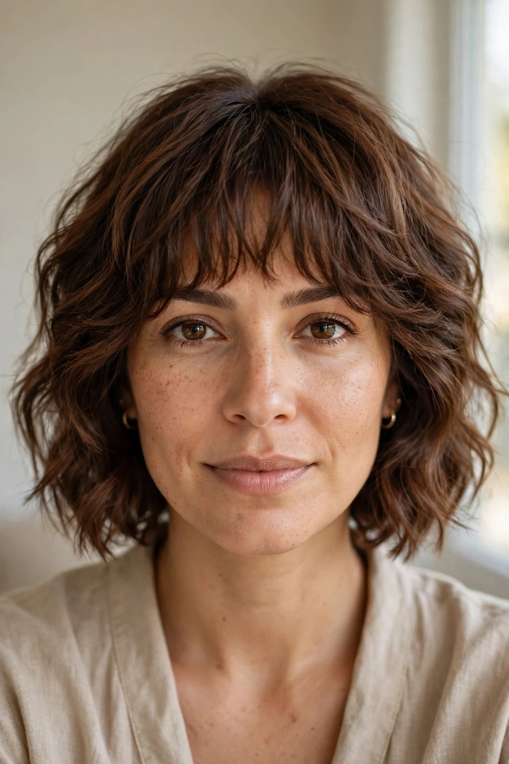 Woman with chestnut brown hair in a layered wavy bob with brow-grazing bangs