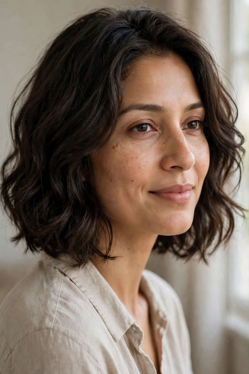 Layered wavy bob haircut on dark brown chin-length hair, front three-quarter view
