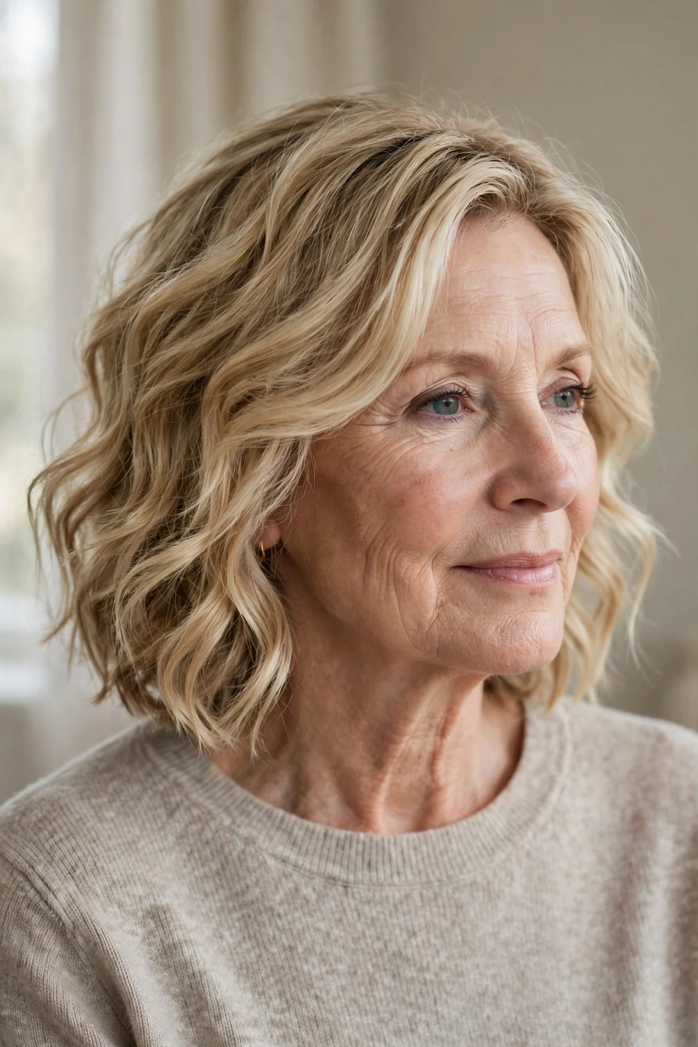 Woman over 60 with shoulder-length layered wavy lob
