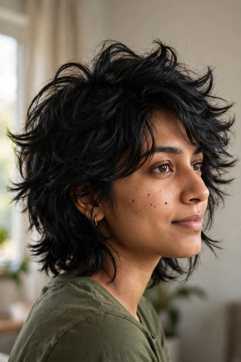 Woman with black hair in a short layered wolf cut with heavy crown layers