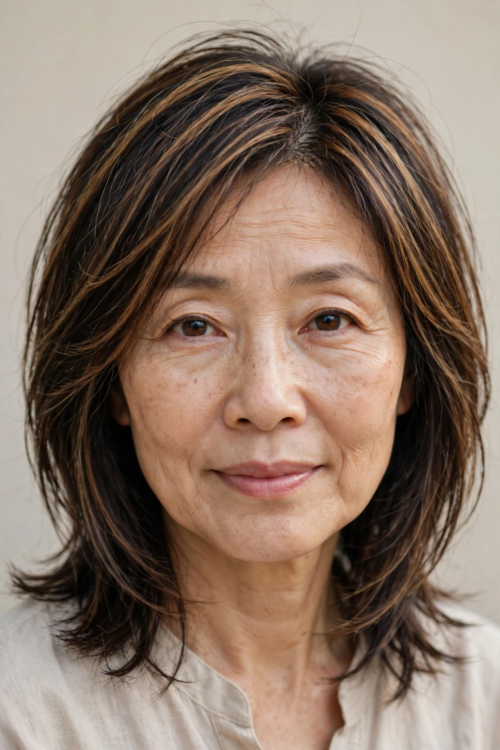 Woman in her 50s with layered hair and dimensional highlights creating depth in thin hair