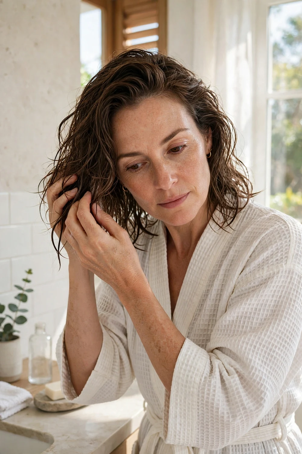 Woman smoothing leave-in conditioner through damp hair