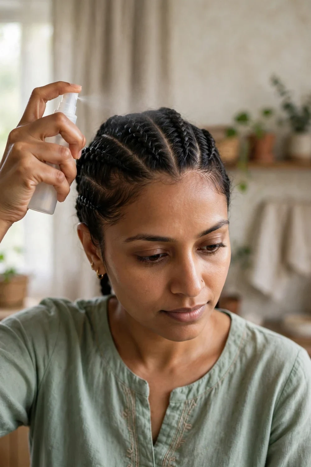 South Asian woman with cornrows spraying leave-in conditioner along her braid parts