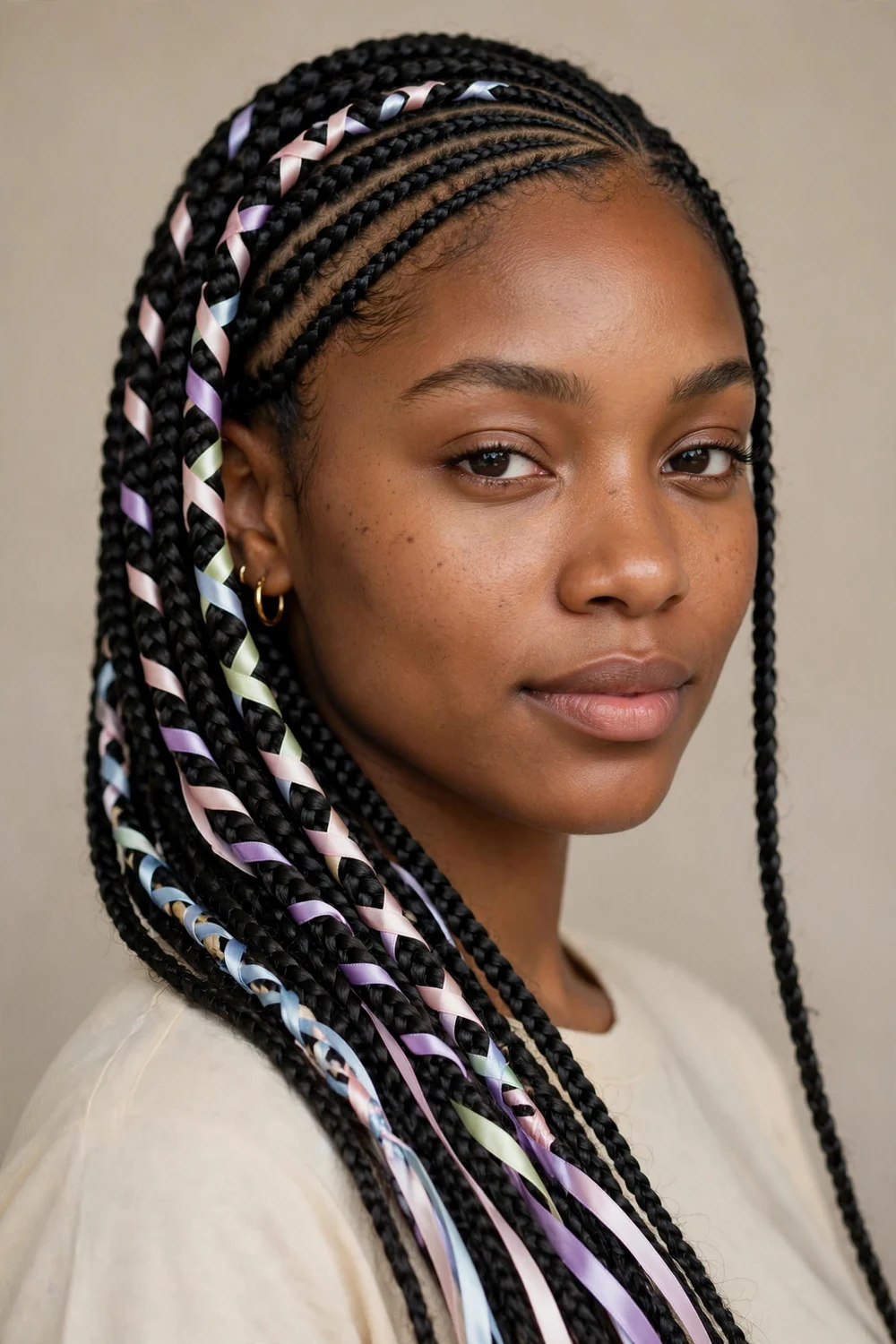 Ribbon-laced lemonade braids hairstyle