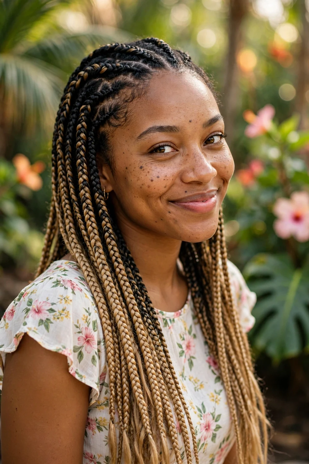 Woman with side-swept lemonade braids over one shoulder
