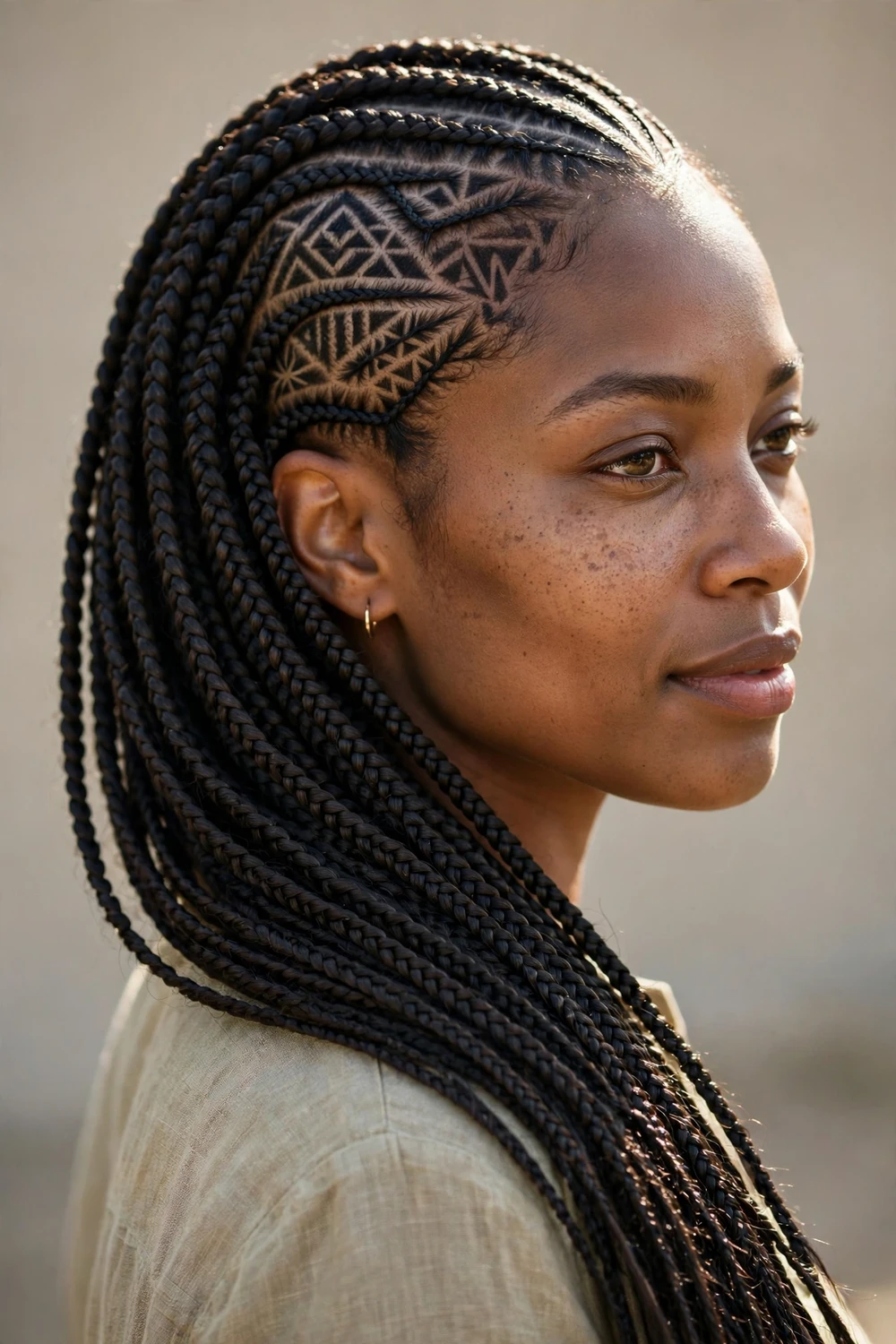Tribal-pattern lemonade braids hairstyle
