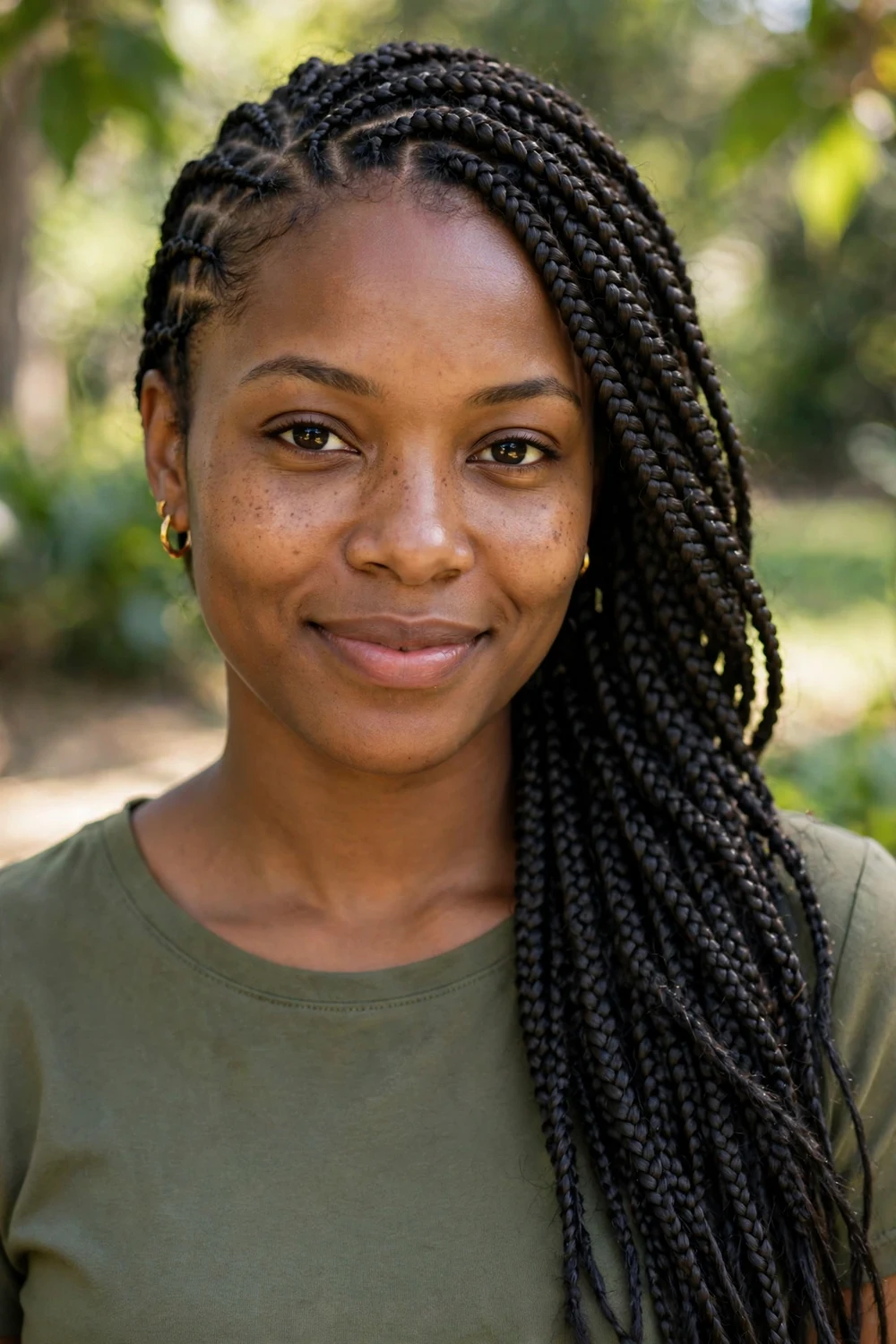 Woman with lemonade braids swept to one side