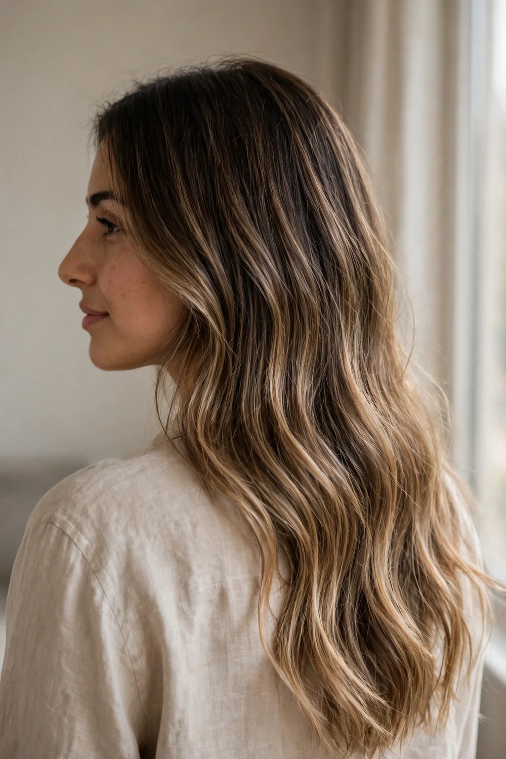 Woman with dark brown hair and light brown balayage gradient