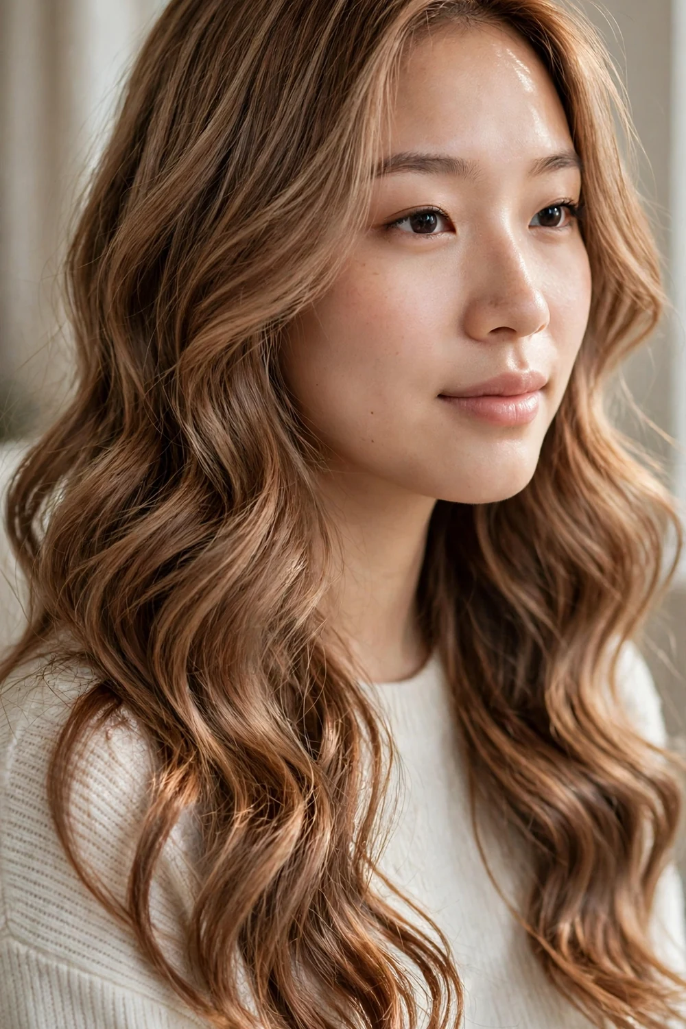 Light brown hair with cinnamon tones in glamorous soft waves