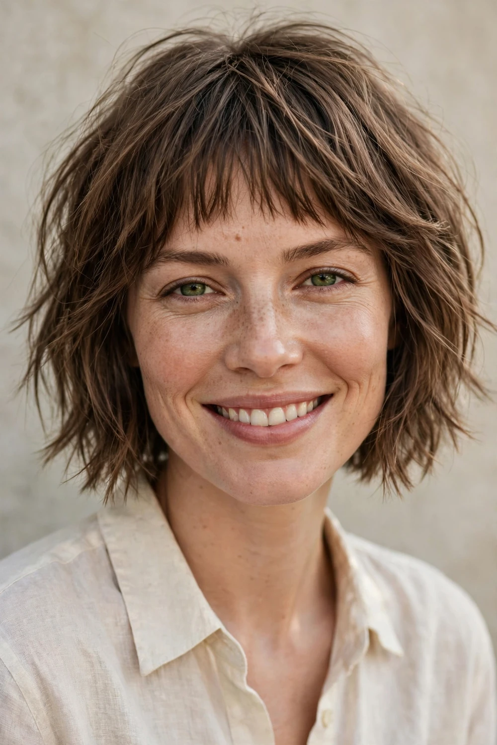 Light brunette choppy bob with fringe