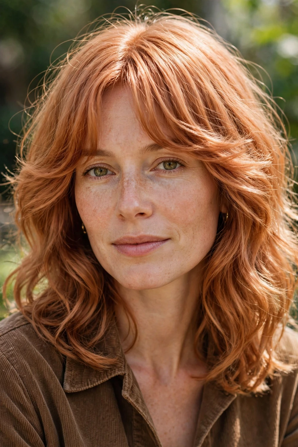 Woman with light copper hair and curtain bangs, 70s-inspired style