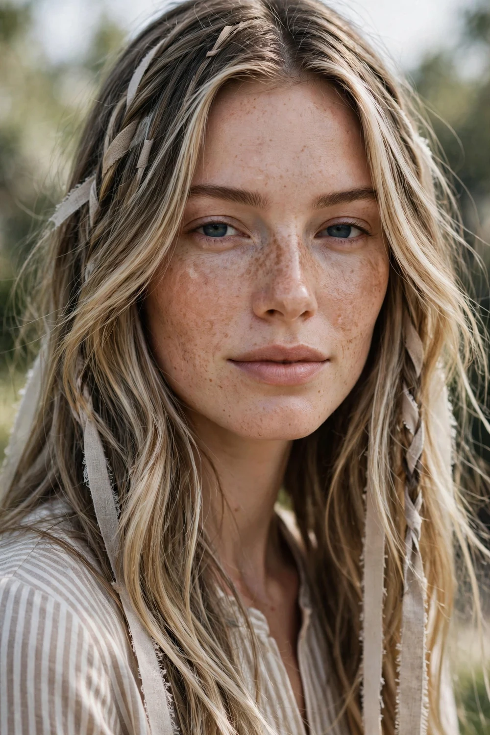 Woman with subtle neutral linen blonde ribbon balayage on dark blonde hair