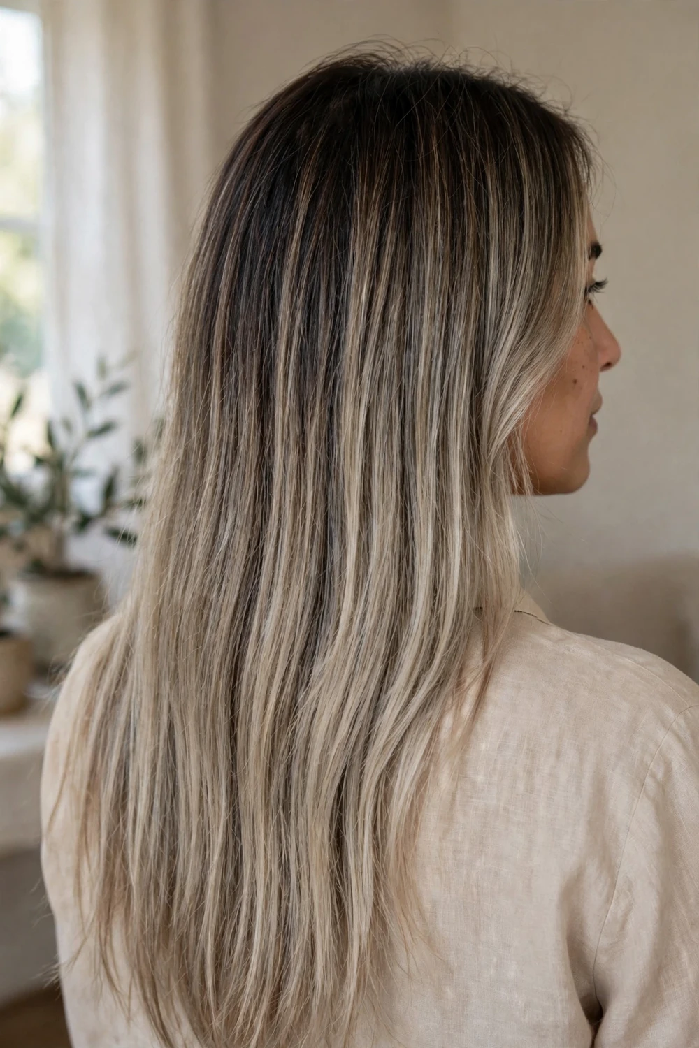 Long straight brunette hair with lived-in ash blonde balayage growing from dark roots