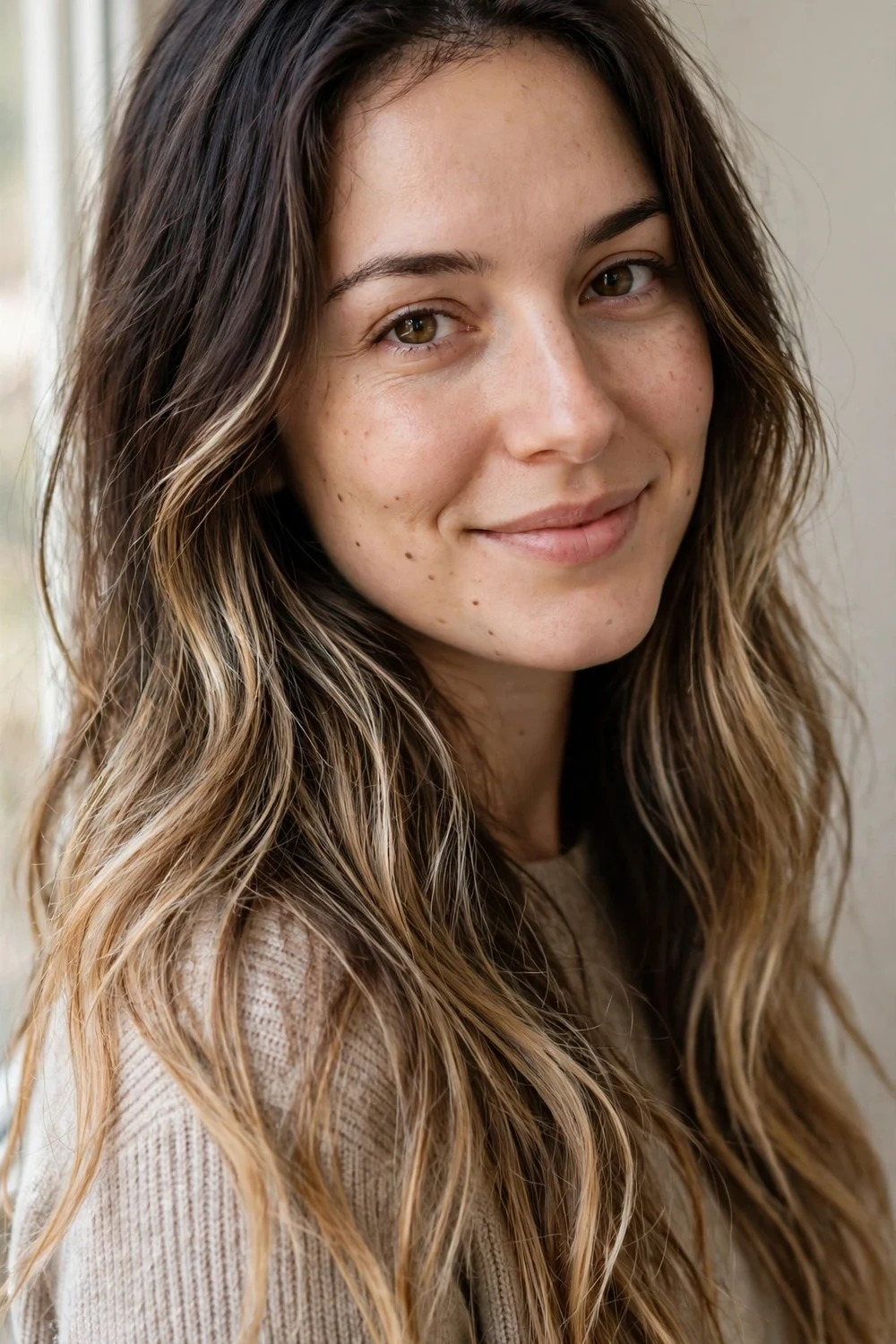 Woman with subtle lived-in blonde balayage, soft natural-looking blonde on brown hair