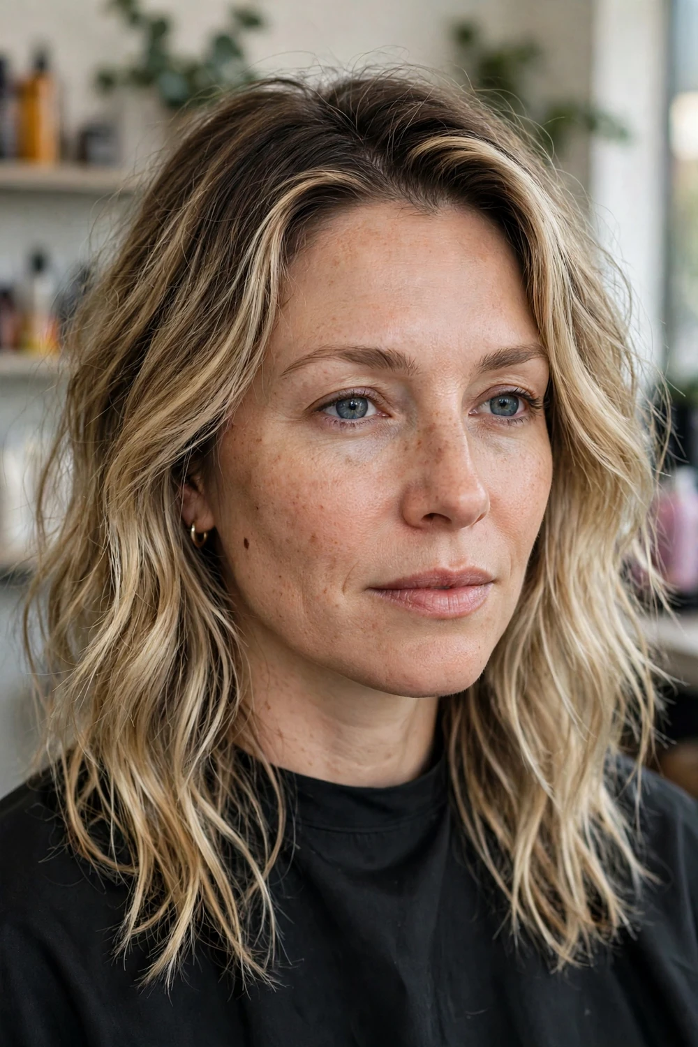 Lived-in blonde balayage with seamlessly blended dark roots