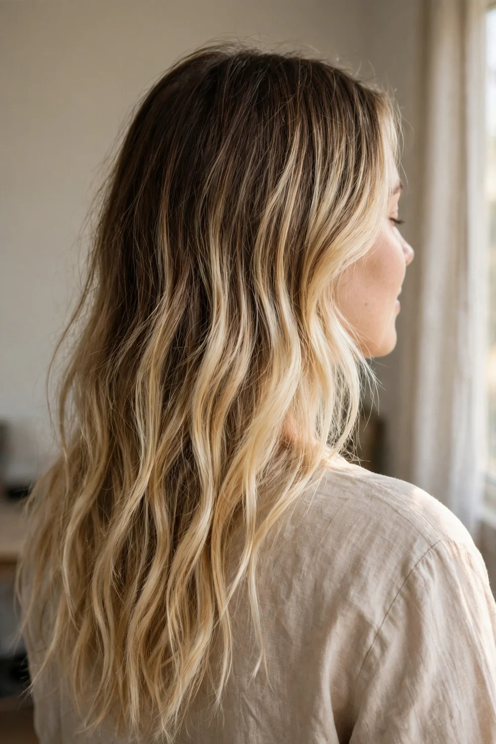 Back view of dark brown hair with bright lived-in blonde balayage