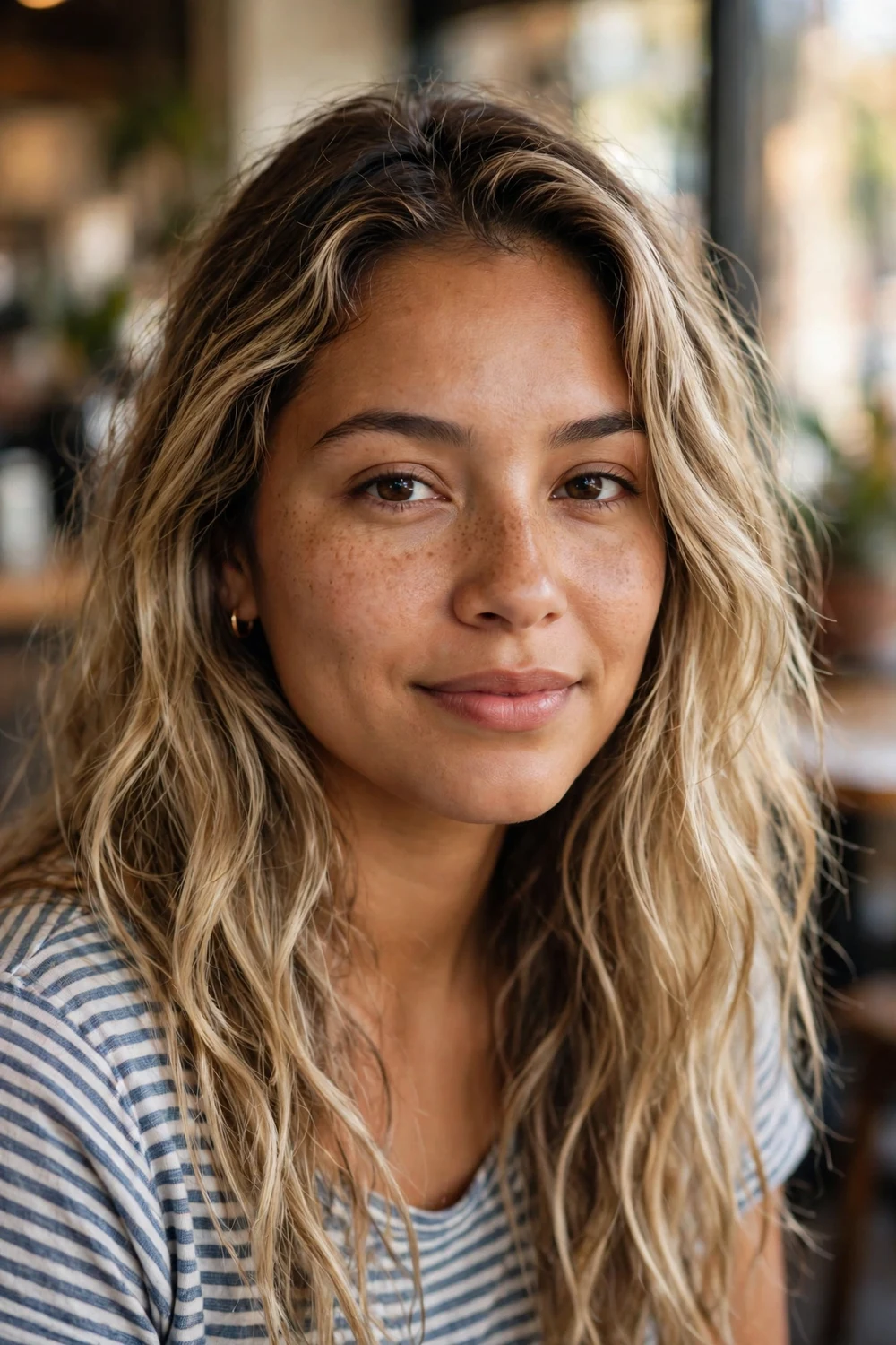 Hispanic woman in her mid 20s with relaxed long wavy dirty blonde hair with soft lived-in highlights that look naturally grown out