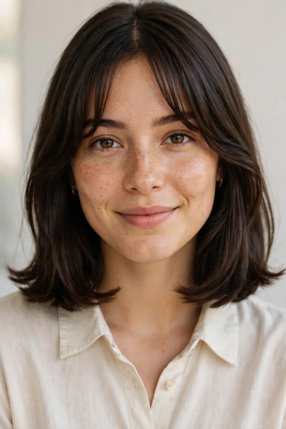 Long bob with curtain bangs and flipped out ends
