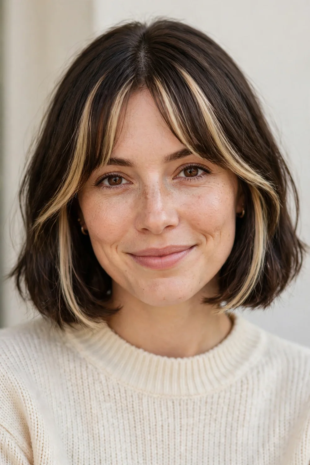 Long bob with curtain bangs and blonde money piece highlights