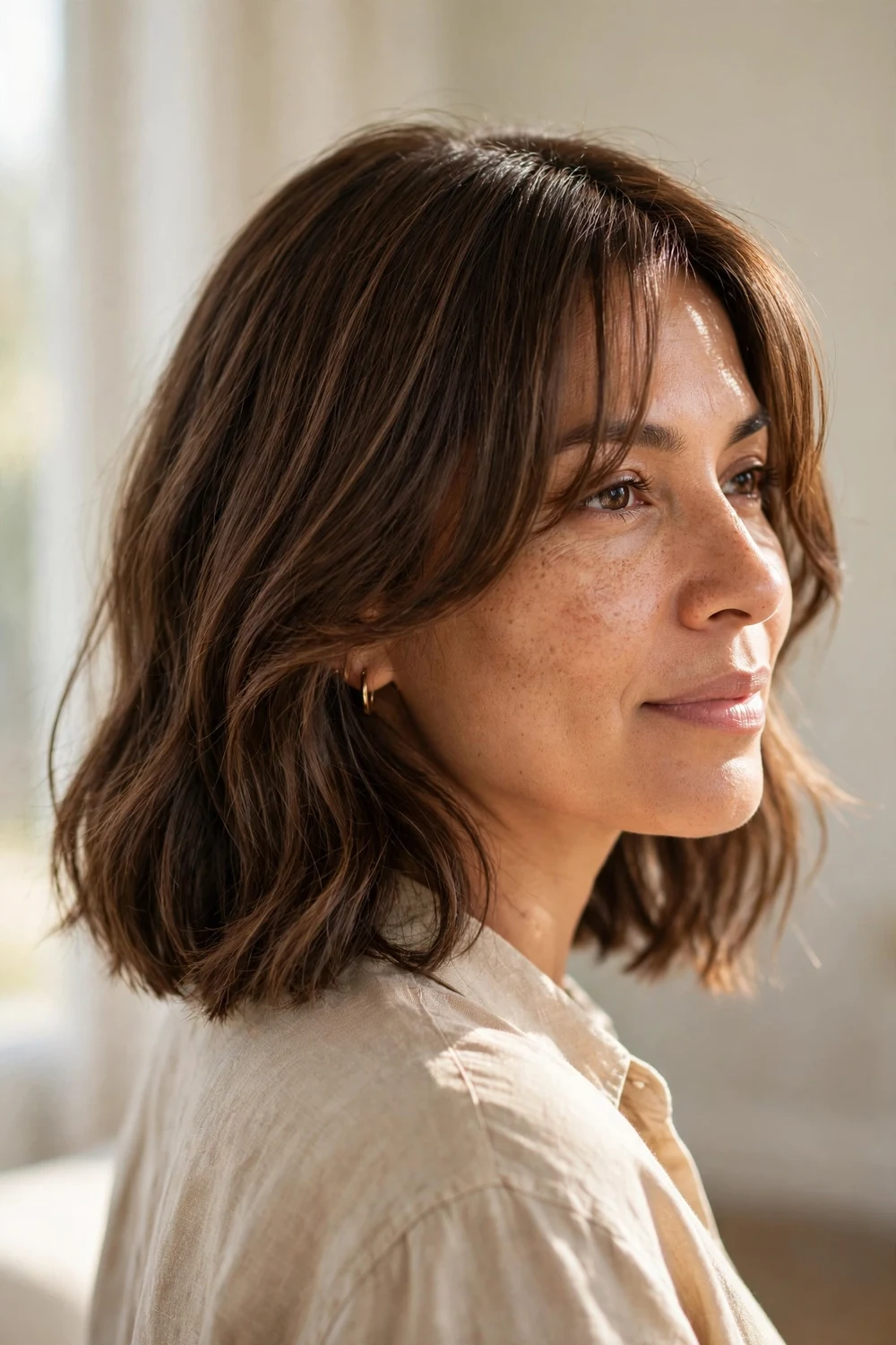 Shoulder-length lob with face-framing curtain bangs on fine hair