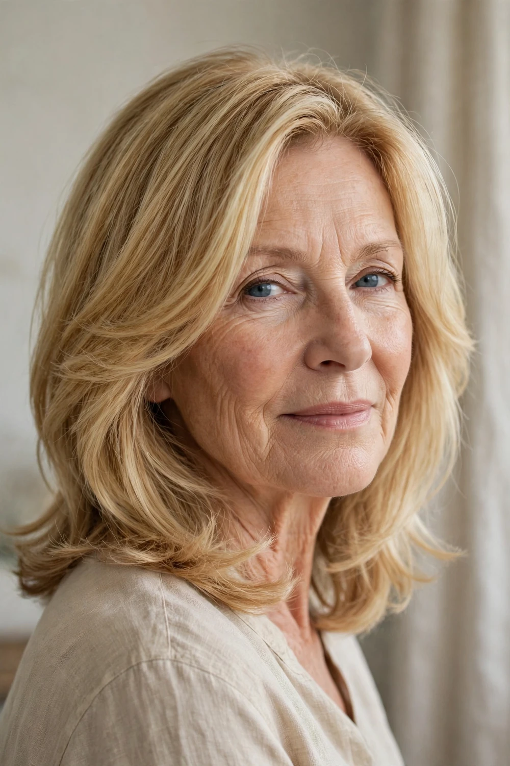 Long bob with face-framing layers at the collarbone on a woman over 60