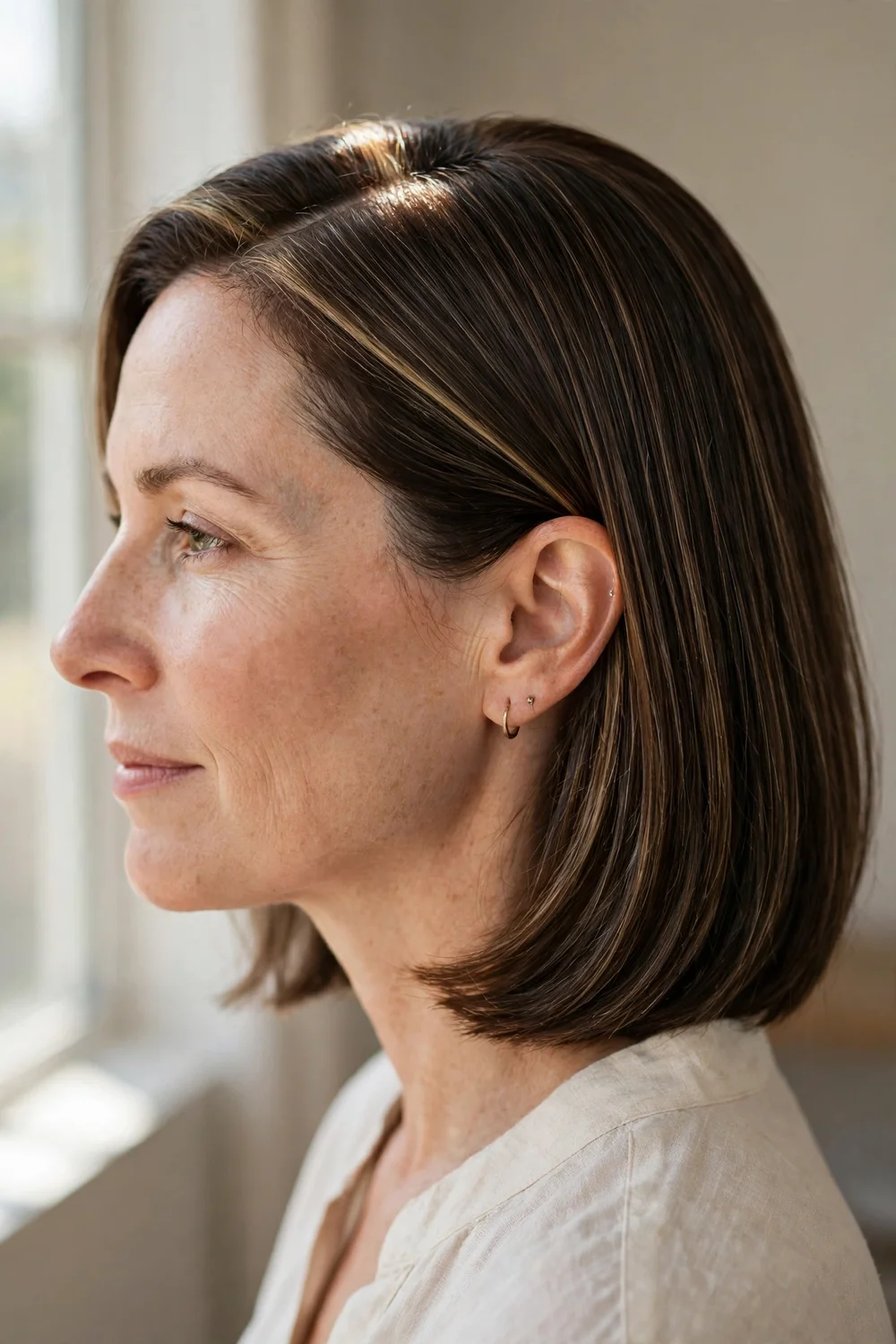 Woman with polished dark brown lob and fine micro balayage highlights