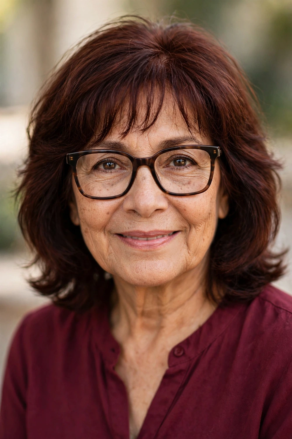 Lob with wispy bangs on a woman over 60 wearing glasses