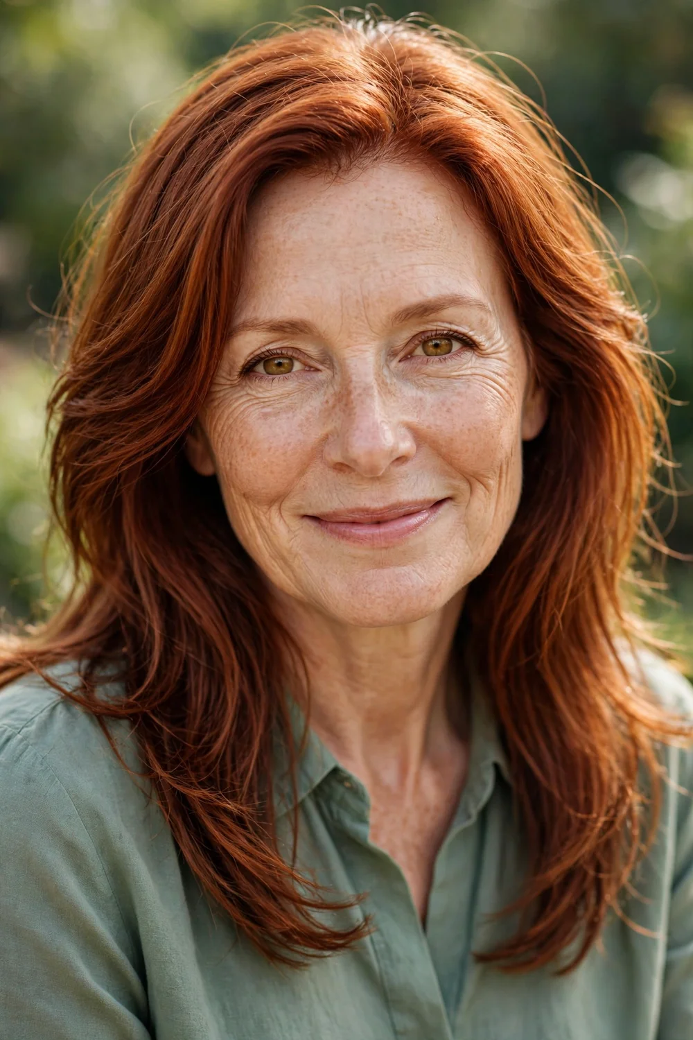 Woman in her late 50s with long auburn-red hair in soft long layers