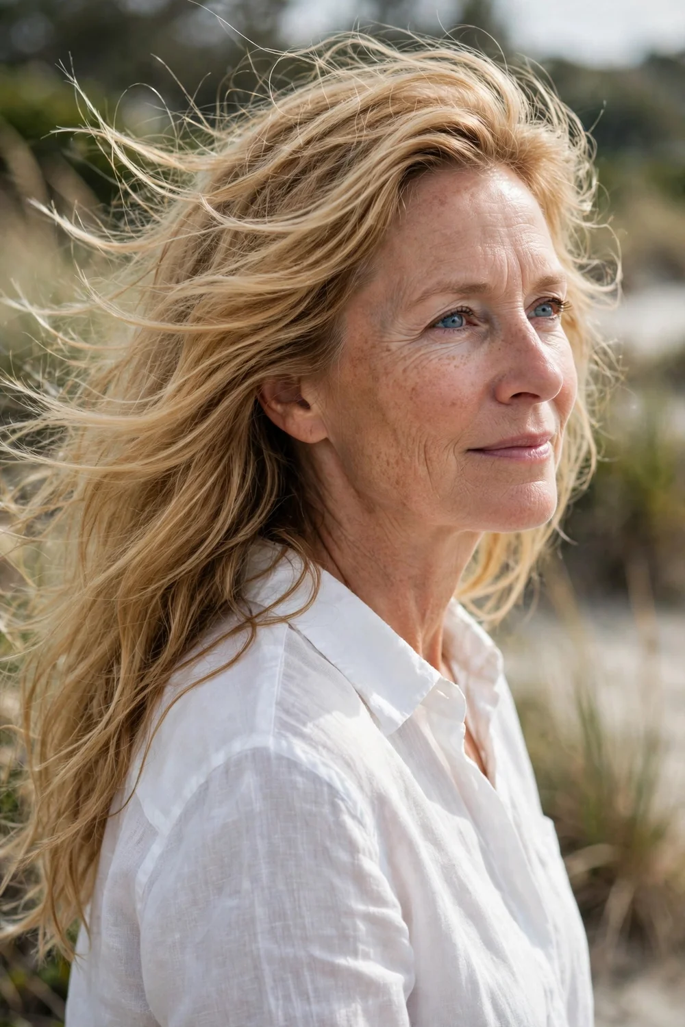 Woman in her mid 50s with long golden-blonde hair in loose tousled beach waves