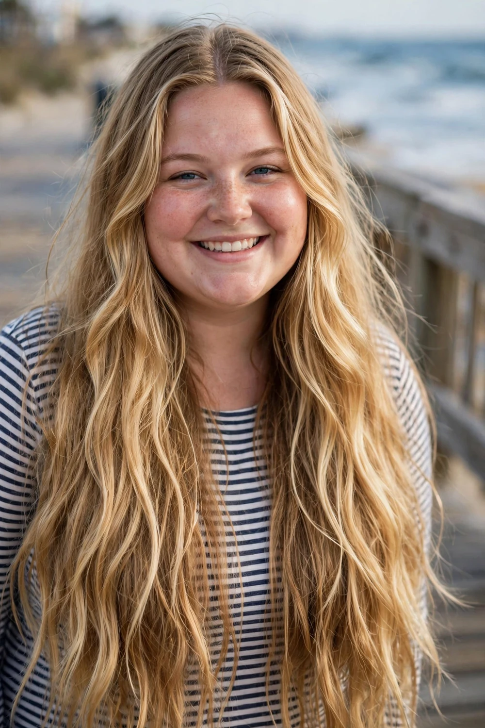 Woman with a round face and long sun-kissed blonde hair in loose beachy waves