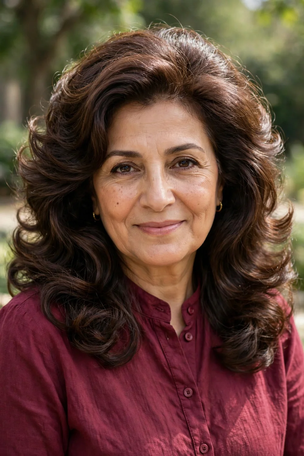 Middle Eastern woman in her mid 50s with a voluminous bouncy brunette blowout in long layers