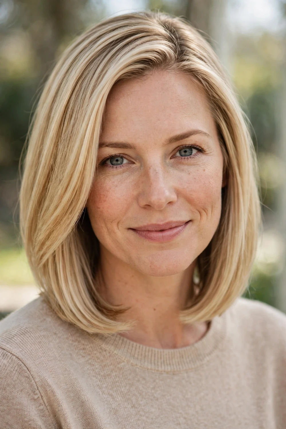 Woman with a long bob haircut falling to the collarbone
