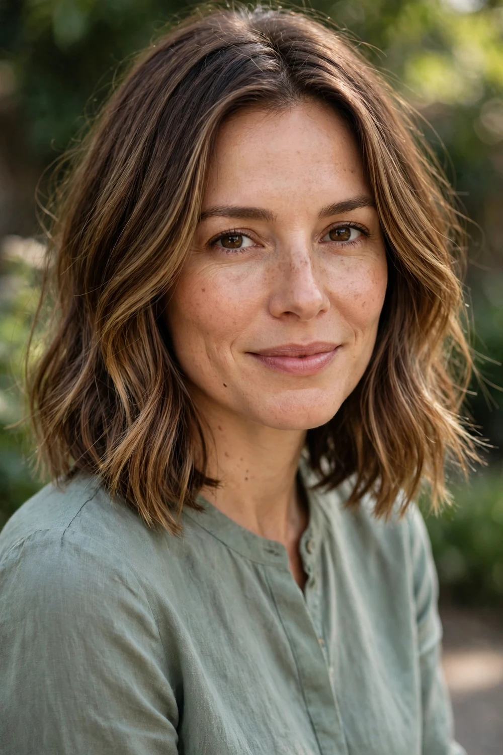 Long bob haircut with soft hand-painted balayage highlights