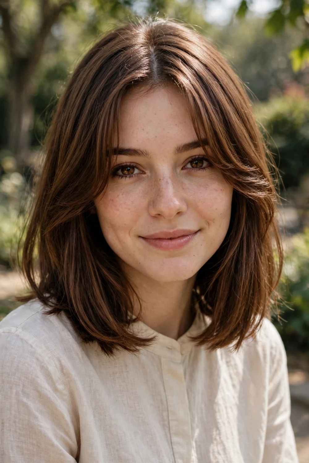 Long bob haircut with soft curtain bangs framing the face