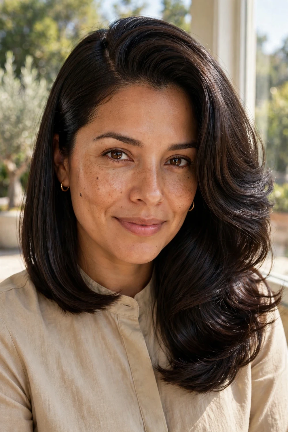 Sleek long bob styled with a deep side part for added volume