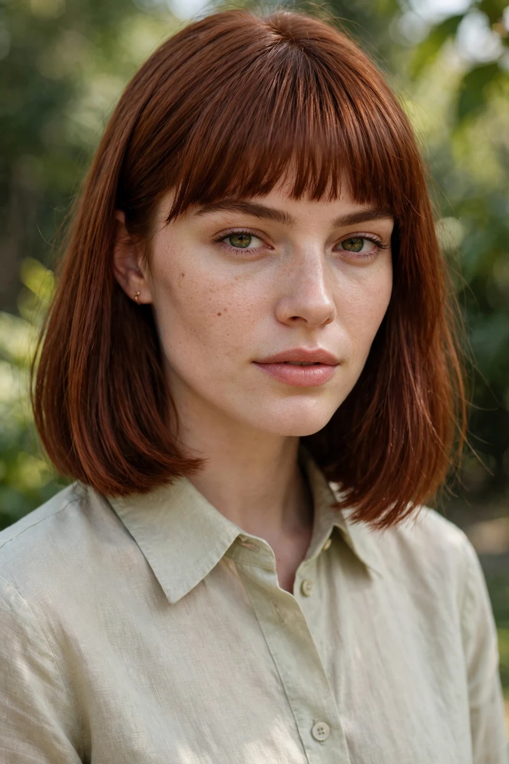 Long bob haircut paired with a full straight-across fringe