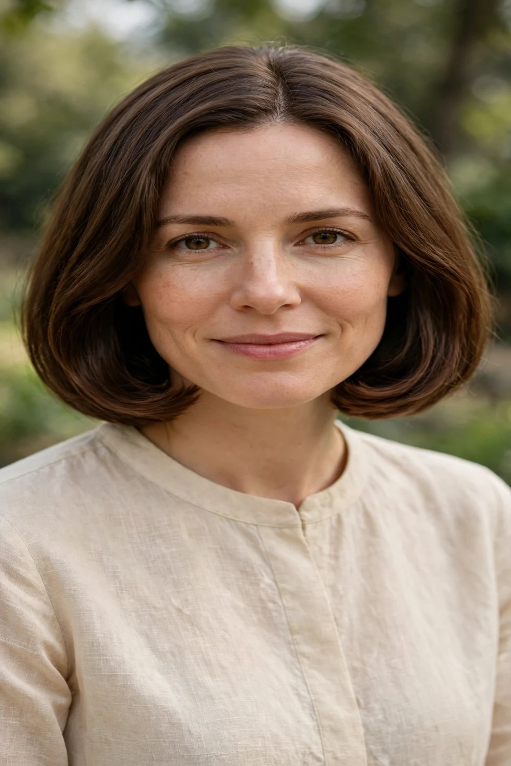Rounded long bob with ends curved gently inward along the jawline