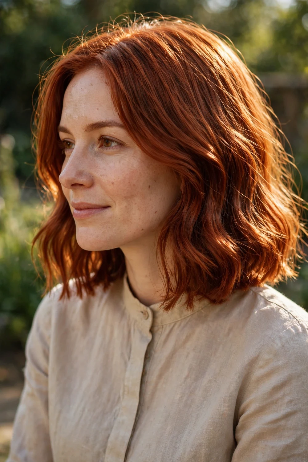 Warm copper colored long bob with glossy textured ends